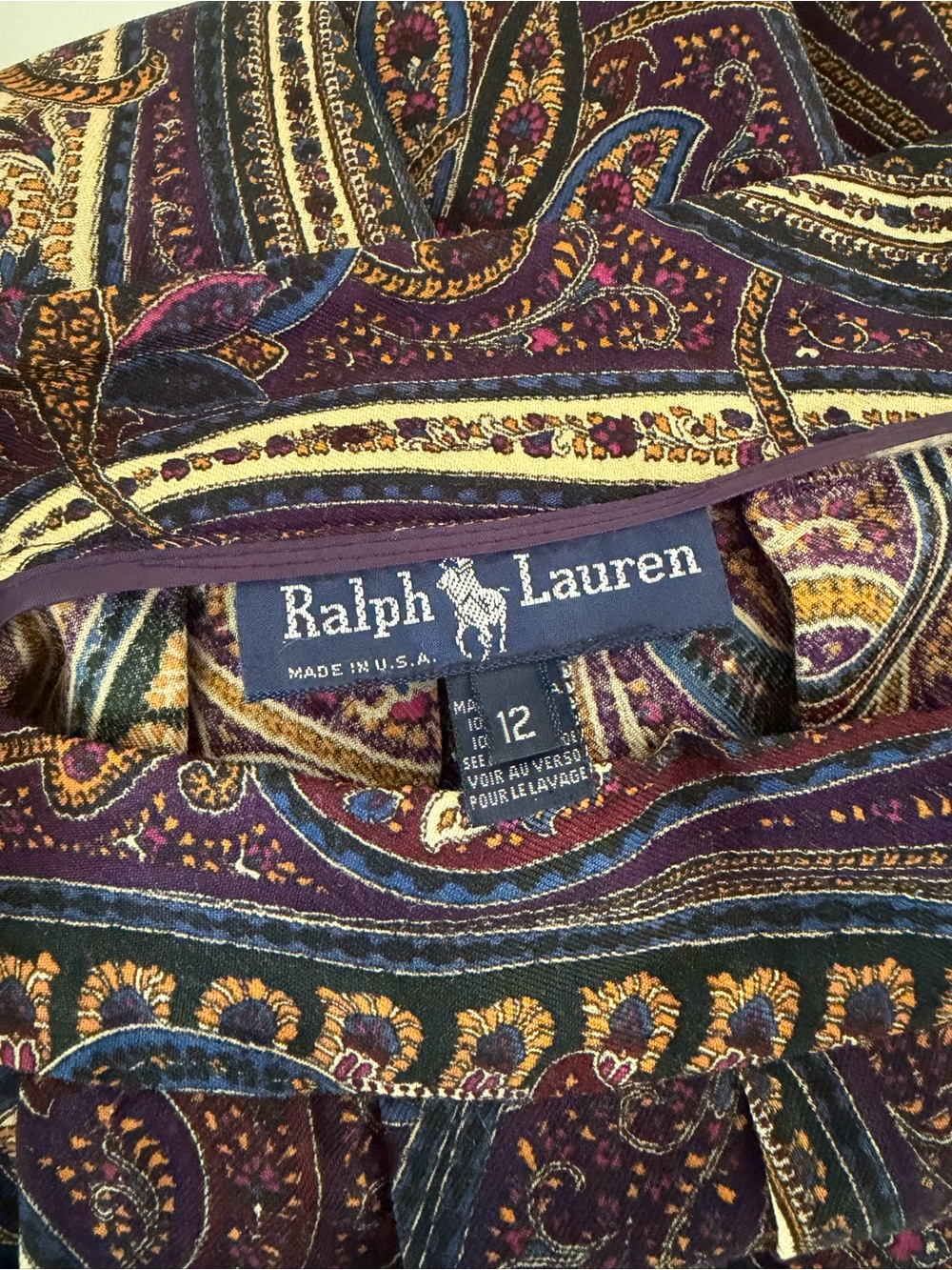 80s Vintage Ralph Lauren 100% Wool Jewel Tone Paisley Old Money Midi Skirt 12 - Picture 3 of 3